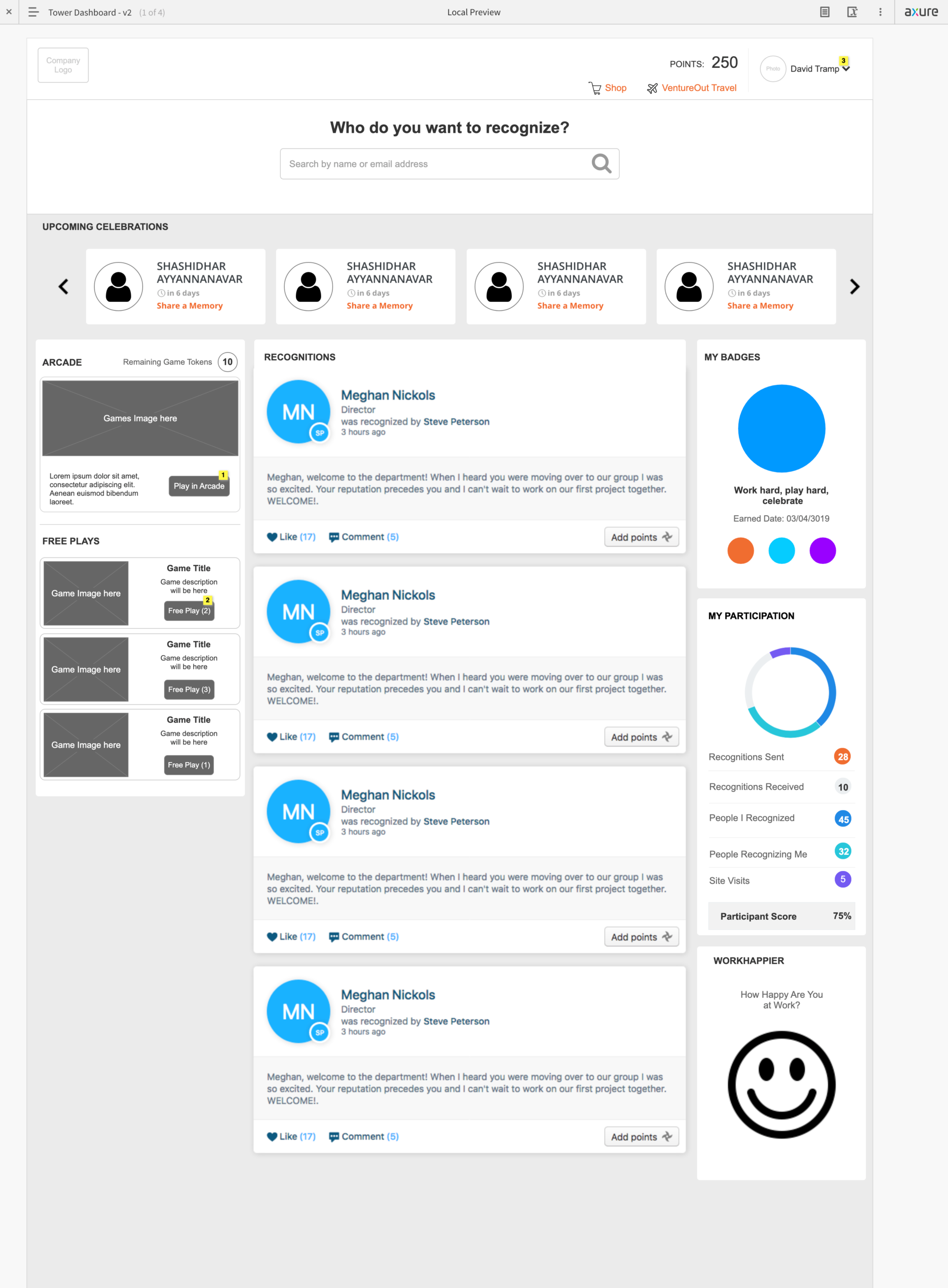 Arcade dashboard -wireframe